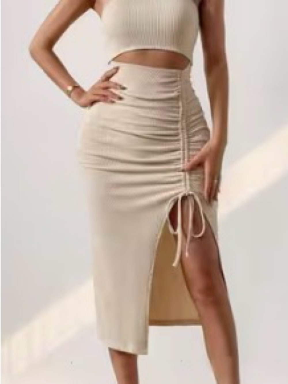 Ribbed Drawstring Side-Slit Midi Skirt in Beige